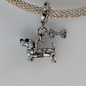 Sterling Silver Dachshund Dog Handbag Dangle Charm with Bone